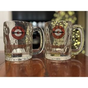 Set Of 2 Vintage A&W Root Beer Heavy Clear Glass Mugs Arrow Bullseye Logo 4.5"
